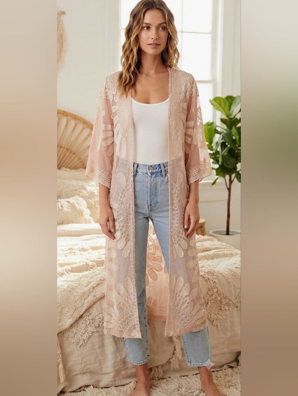 Rebellion Again Light Pink Lace Knit Kimono Cardigan Tunic - Small